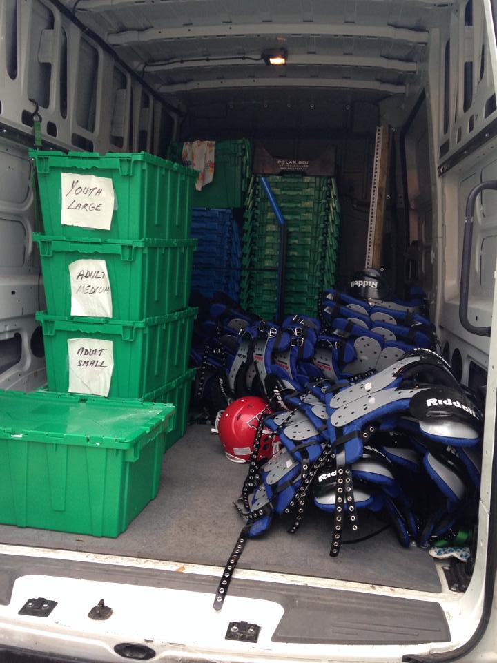 Polarbox truck with football equipment and donated boxes
